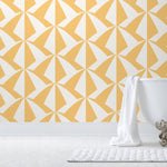 Parasol wallpaper is designed with overlapping shapes of multicolored beach umbrellas. Highly durable, fade resistant, and made in the USA. Before and after.