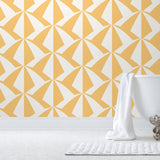 Parasol wallpaper is designed with overlapping shapes of multicolored beach umbrellas. Highly durable, fade resistant, and made in the USA. Before and after.