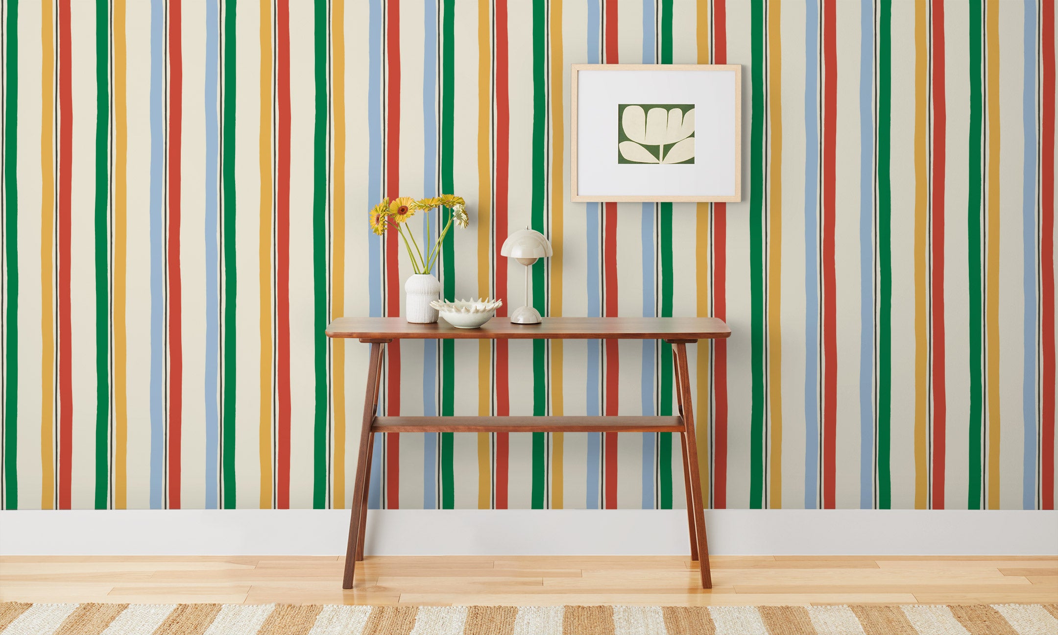 Our Picnic wallpaper was inspired by the wavy stripes of a picnic blanket. Highly durable, fade resistant, and made in the USA. Before and after.