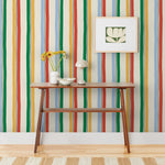 Our Picnic wallpaper was inspired by the wavy stripes of a picnic blanket. Highly durable, fade resistant, and made in the USA. Before and after.