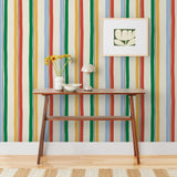Our Picnic wallpaper was inspired by the wavy stripes of a picnic blanket. Highly durable, fade resistant, and made in the USA. Before and after.