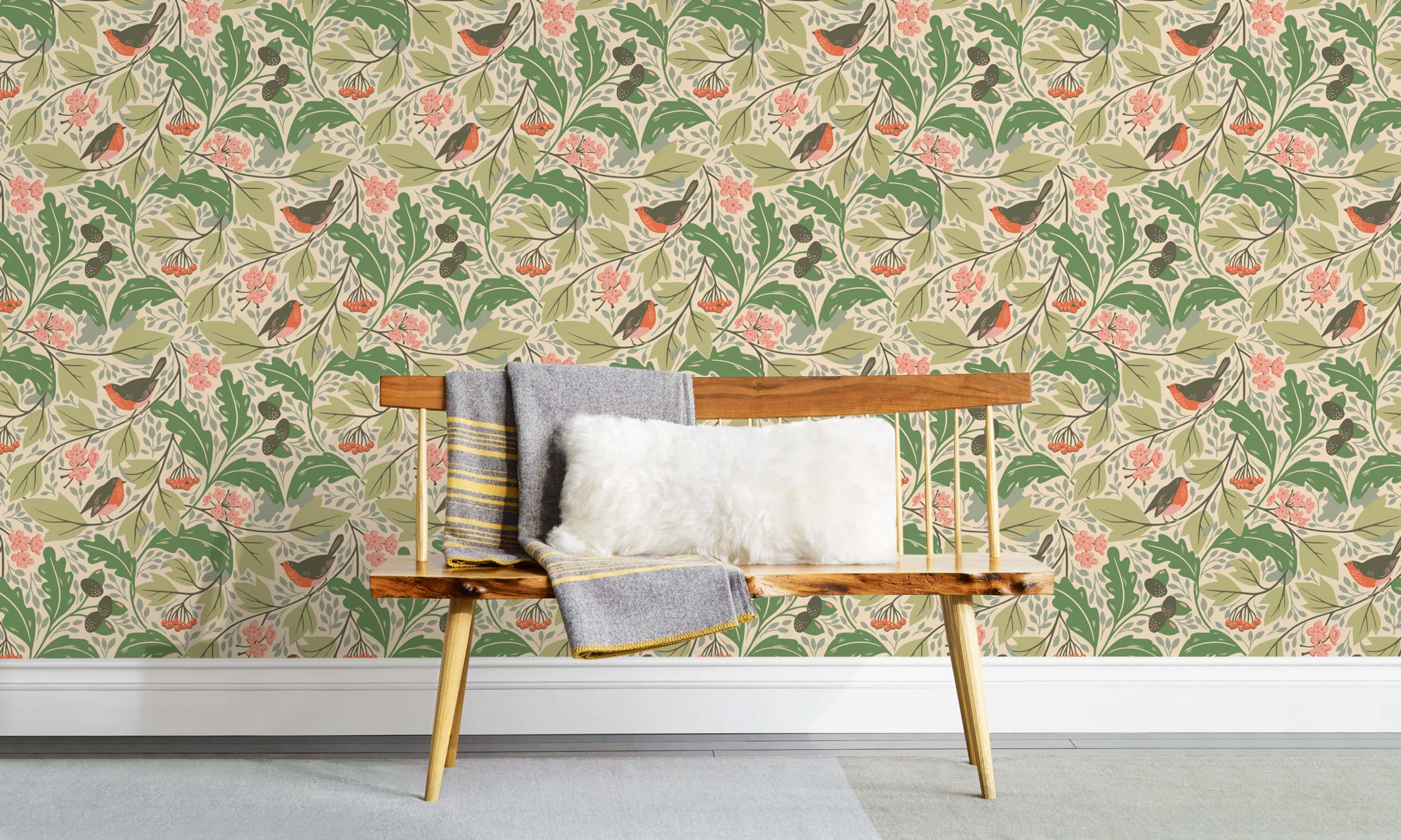 Robin wallpaper features red-breasted robins hopping among leaves and flowers. Before and after.