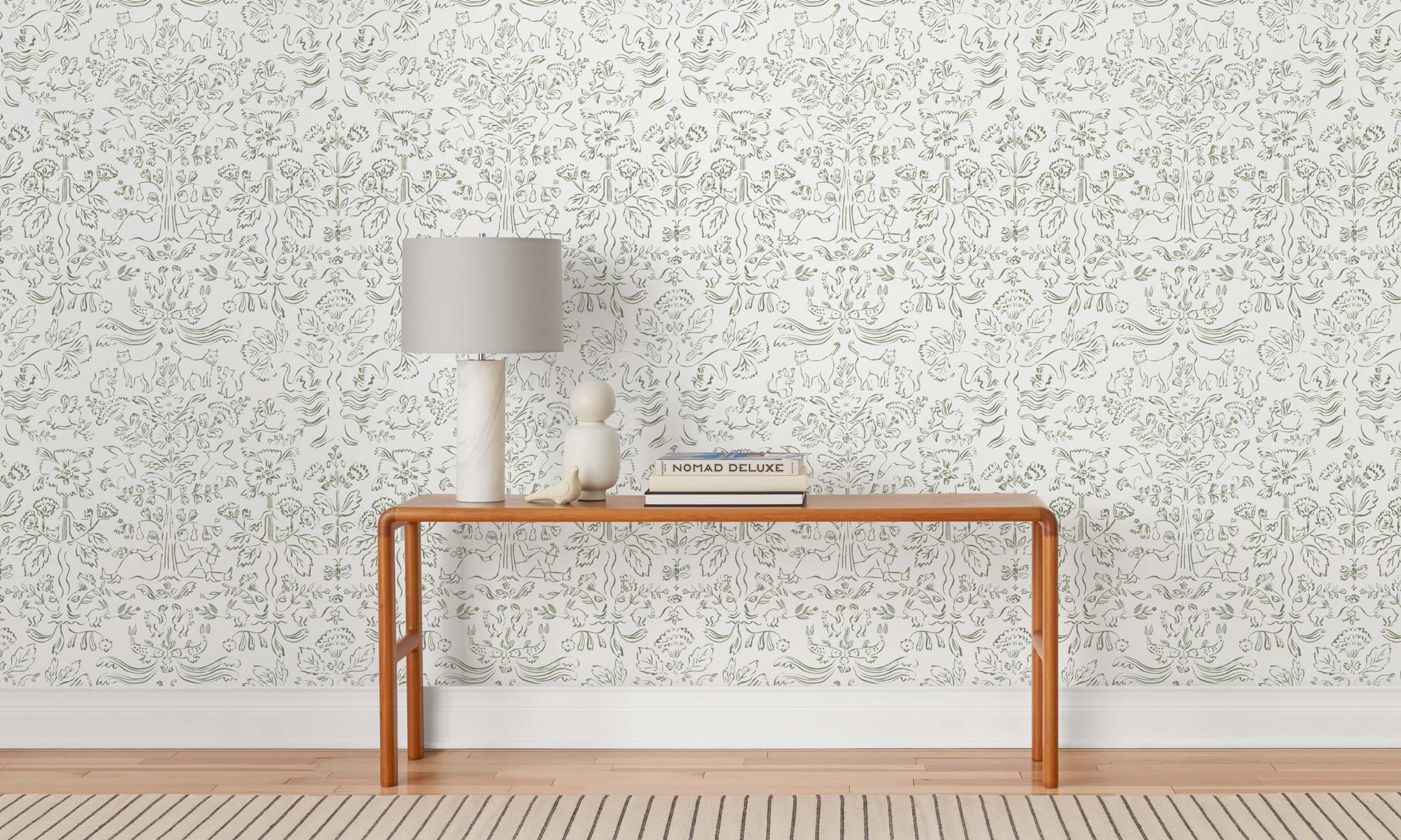 Storyline (Sage) Wallpaper | Folk art inspired pattern featuring flora and fauna. Before and after.