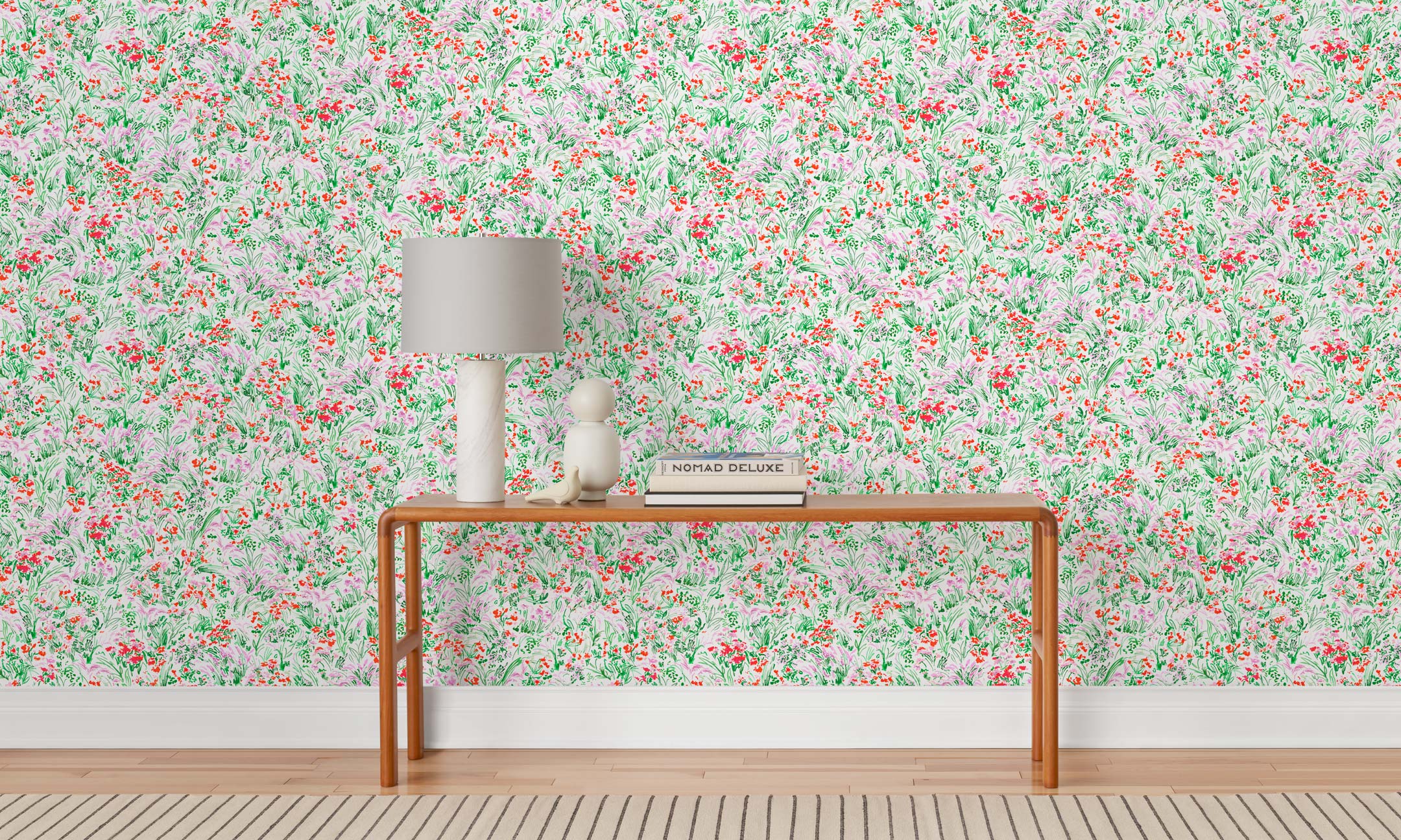 Summer (Poppy) wallpaper features loose brushstrokes that capture the movement of wild flowers and grasses swaying in the breeze. Before and after in a hallway | Hygge & West