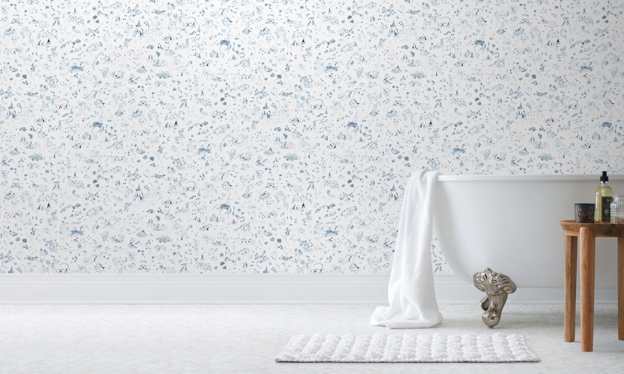 Willows Wallpaper features leaves swaying, chickens pecking, fisherman fishing, children playing, and mothers mothering as they dance beneath the swaying willows. Painted by hand in shades of blue on a white background. Before and after.