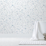 Willows Wallpaper features leaves swaying, chickens pecking, fisherman fishing, children playing, and mothers mothering as they dance beneath the swaying willows. Painted by hand in shades of blue on a white background. Before and after.