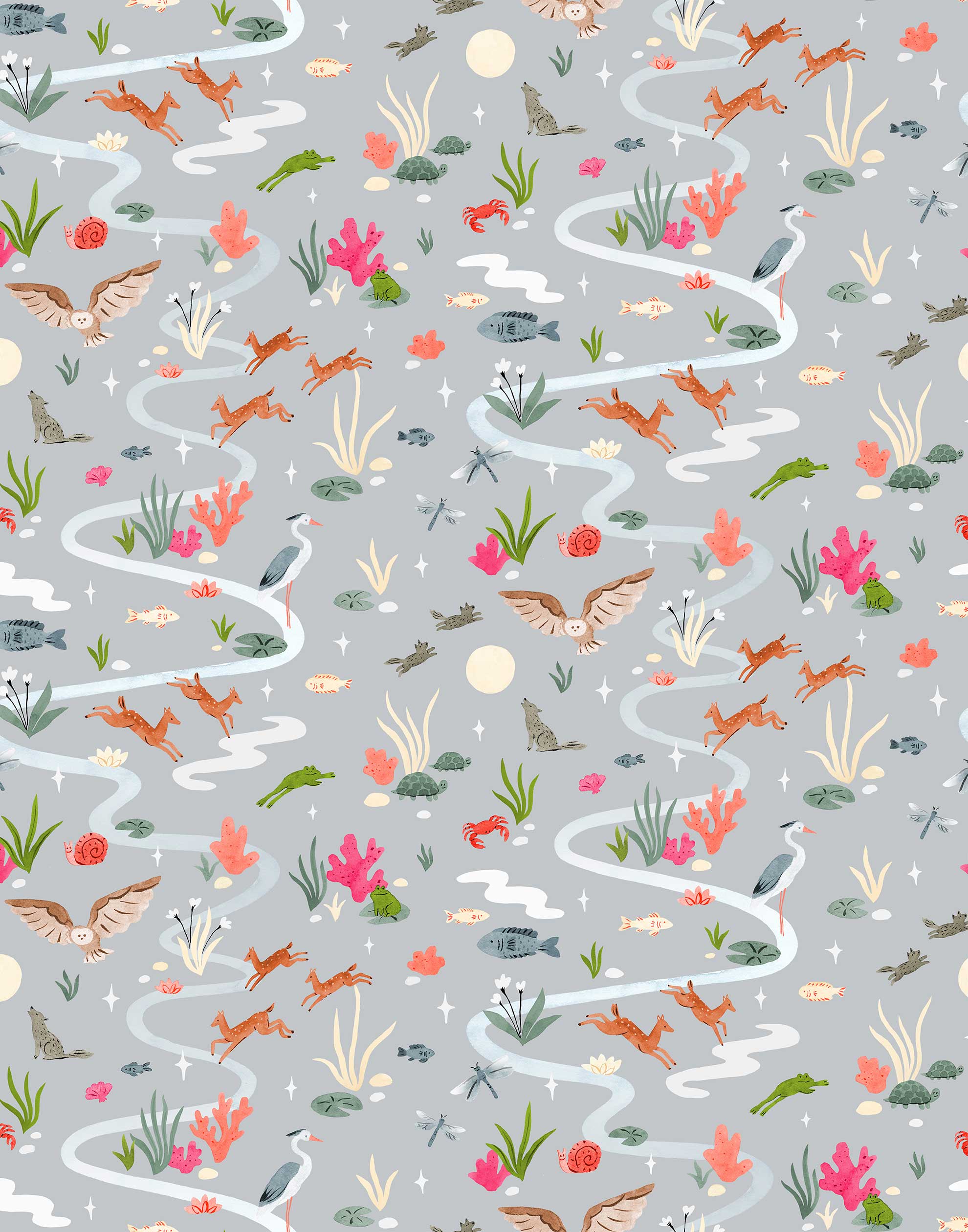 Space Owl (Gray) wallpaper features wildlife, fauna and a flowing river | light gray wallpaper with orange, white, brown, and green illustrations | designed by Vikki Chu