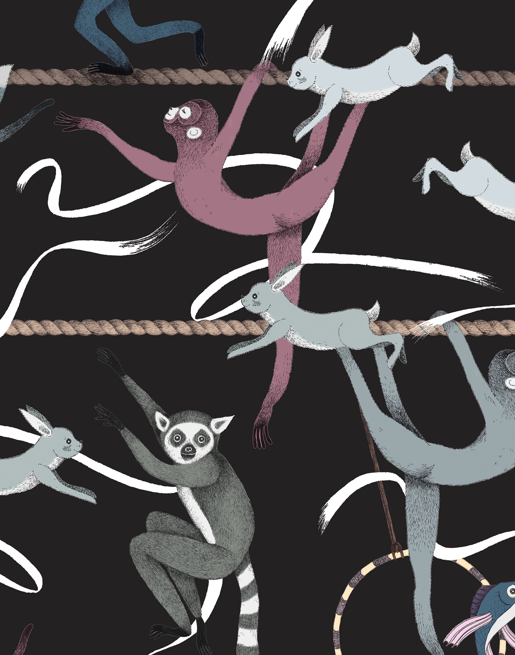 Balancing Act (Ebony) wallpaper features colorful dancing monkeys and rabbits on a black background
