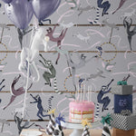 Balancing Act (Light Gray) wallpaper features colorful dancing monkeys and rabbits on a light gray background