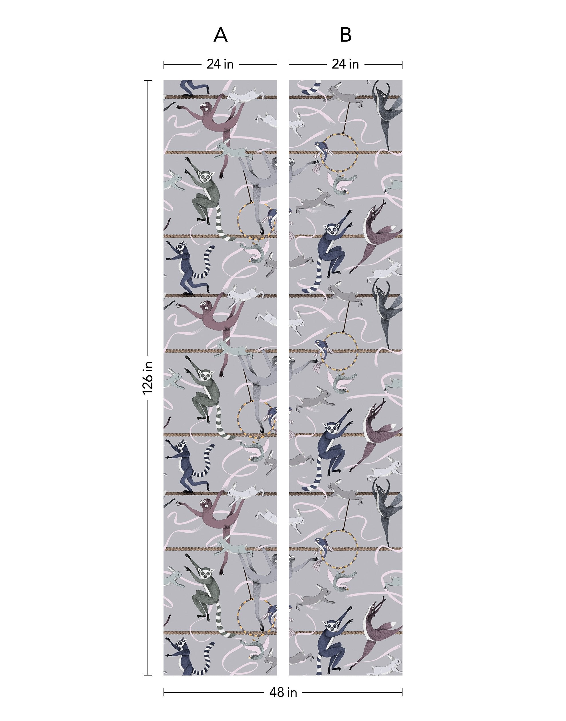 Balancing Act (Light Gray) wallpaper features colorful dancing monkeys and rabbits on a light gray background