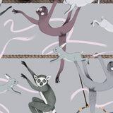 Balancing Act (Light Gray) wallpaper features colorful dancing monkeys and rabbits on a light gray background