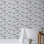 Ahoy! (Fog) wallpaper with charcoal gray ships and whale tales on a light gray background