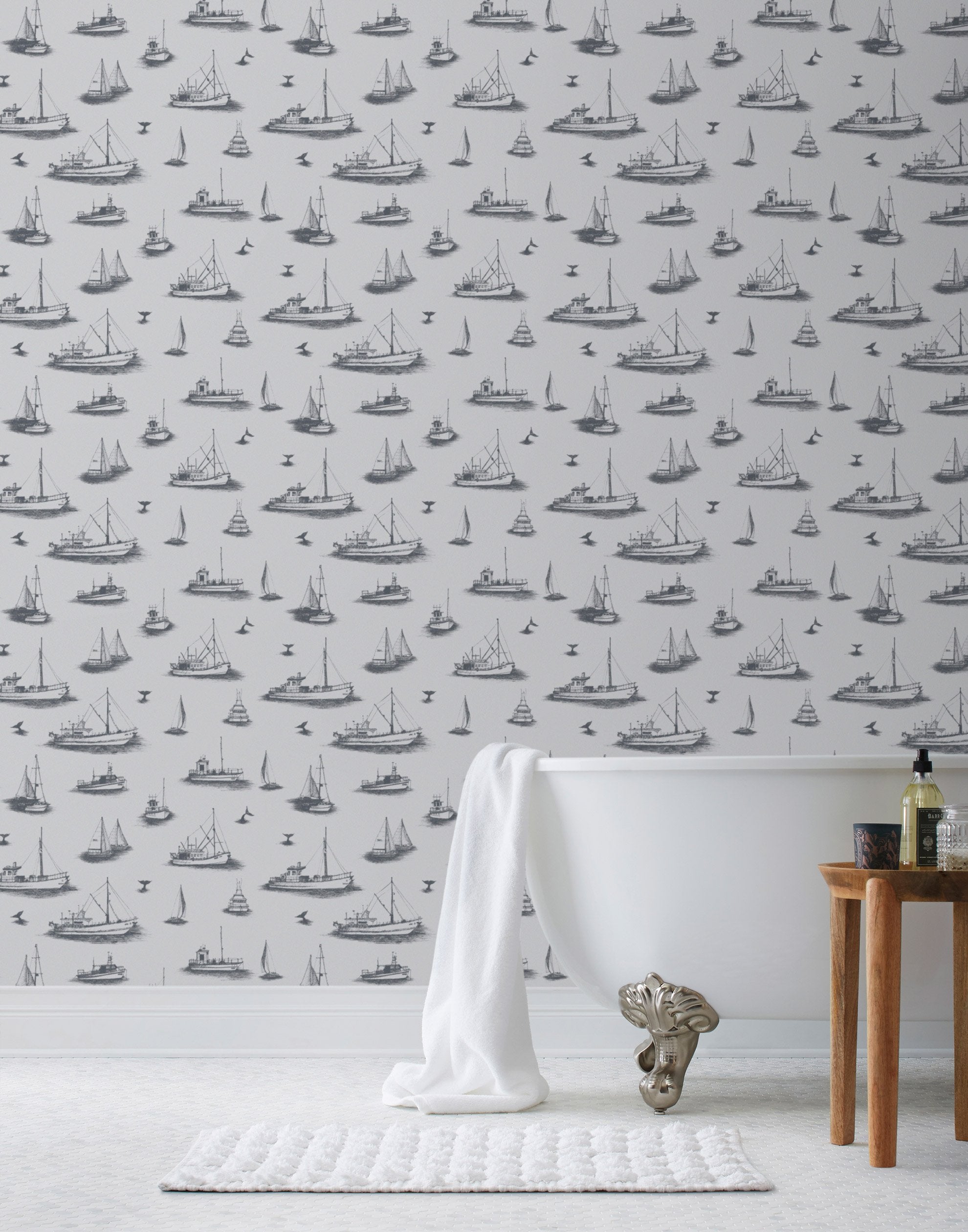 Ahoy! (Fog) wallpaper with charcoal gray ships and whale tales on a light gray background