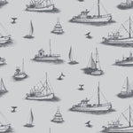 Ahoy! (Fog) wallpaper with charcoal gray ships and whale tales on a light gray background