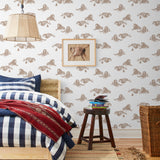 Mighty (Sand) wallpaper features brown lions and meerkats on a white background