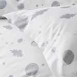 Orbit (Gray) Twin Duvet Set features gray moons, clouds and stars on a soft white background