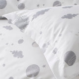 Orbit (Gray) Twin Duvet Set features gray moons, clouds and stars on a soft white background