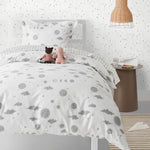 Orbit (Gray) Twin Duvet Set features gray moons, clouds and stars on a soft white background