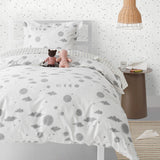 Orbit (Gray) Twin Duvet Set features gray moons, clouds and stars on a soft white background