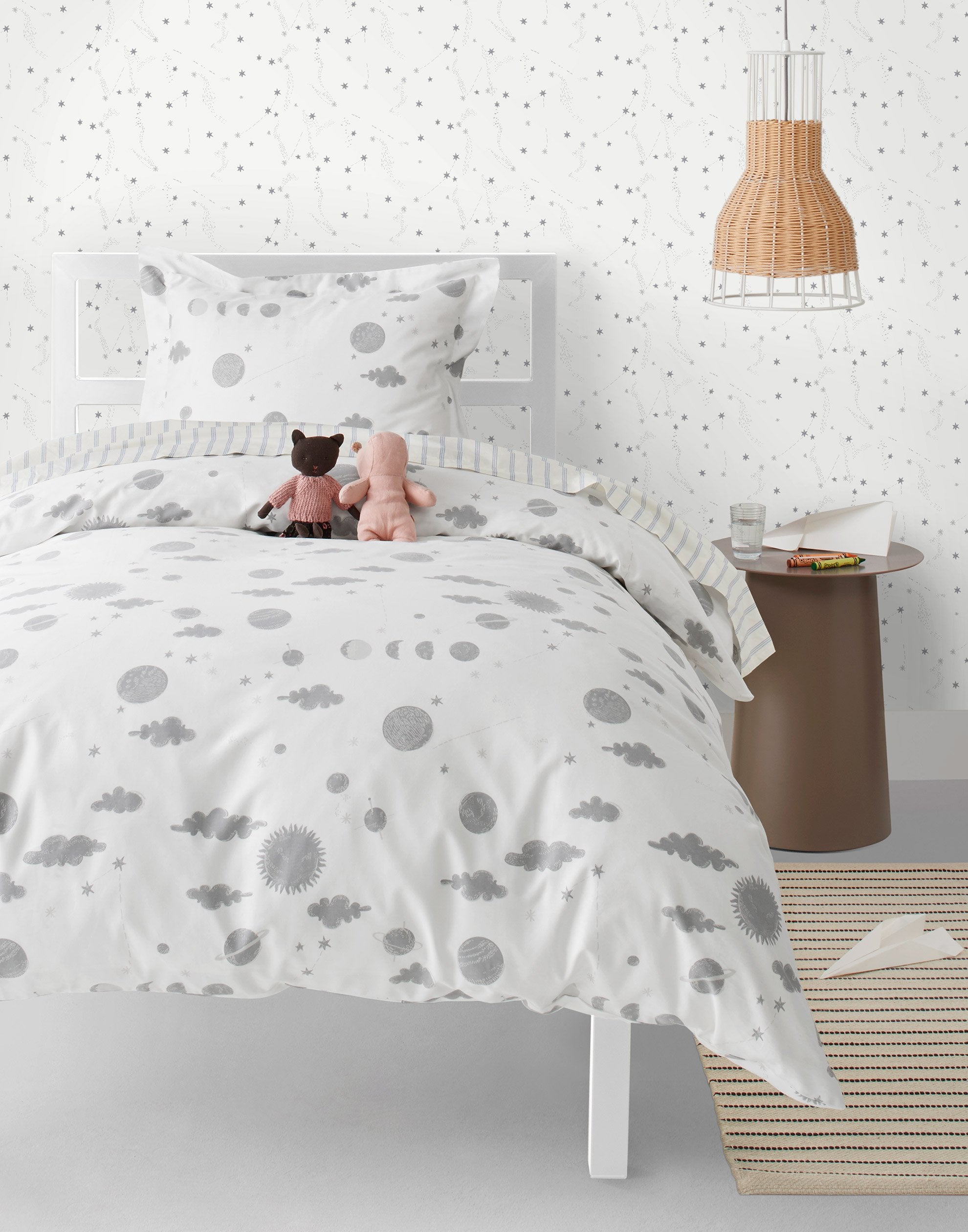 Orbit (Gray) Twin Duvet Set features gray moons, clouds and stars on a soft white background