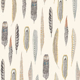 Plumes Natural Wallpaper features delicate feathers in orange, rust, blues and browns on a cream background