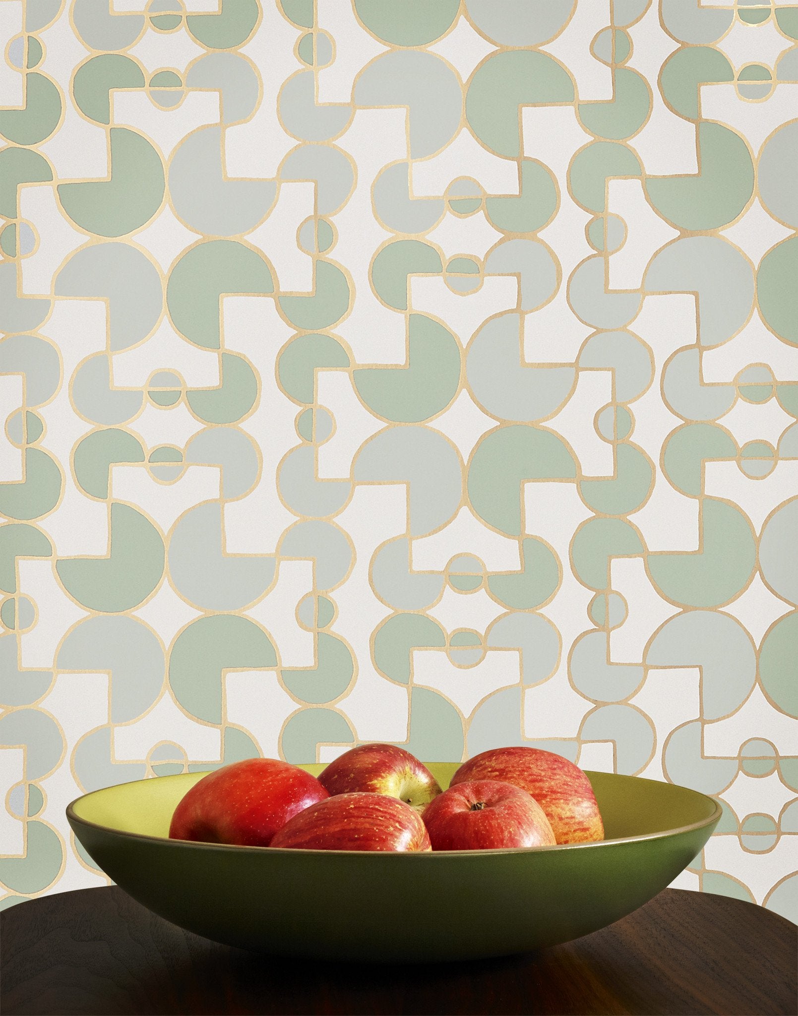 Arcade (Celadon) wallpaper features modern, geometric lines and shapes in shades of green