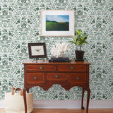 Piedmont (Pine) wallpaper with foxes and rabbits in shades of green