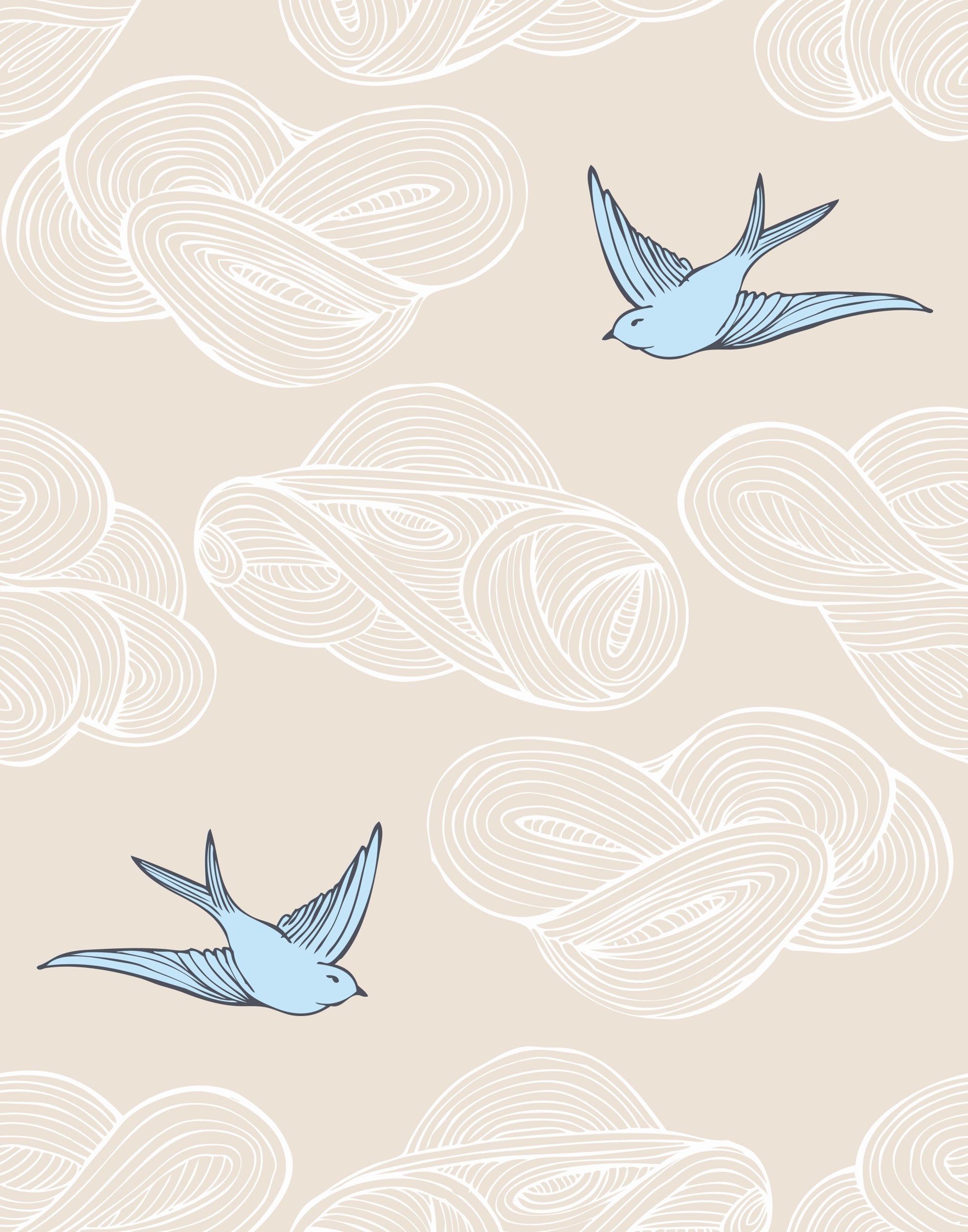 Daydream (Cream) features a pattern of flying birds and floating clouds in blue and white on cream