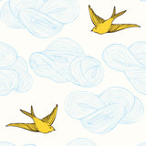 Daydream (Sunshine) features a pattern of flying birds and floating clouds in yellow and blue on white