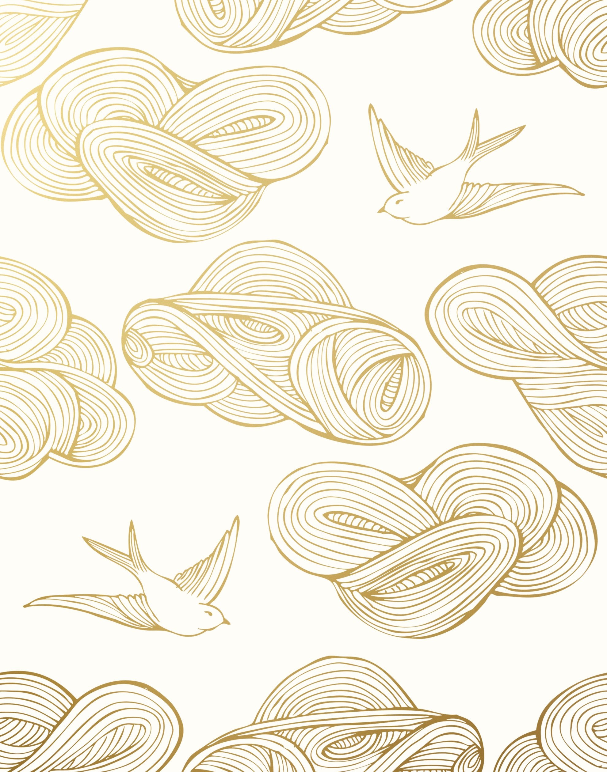Daydream (Gold) features a pattern of flying birds and floating clouds in metallic on white