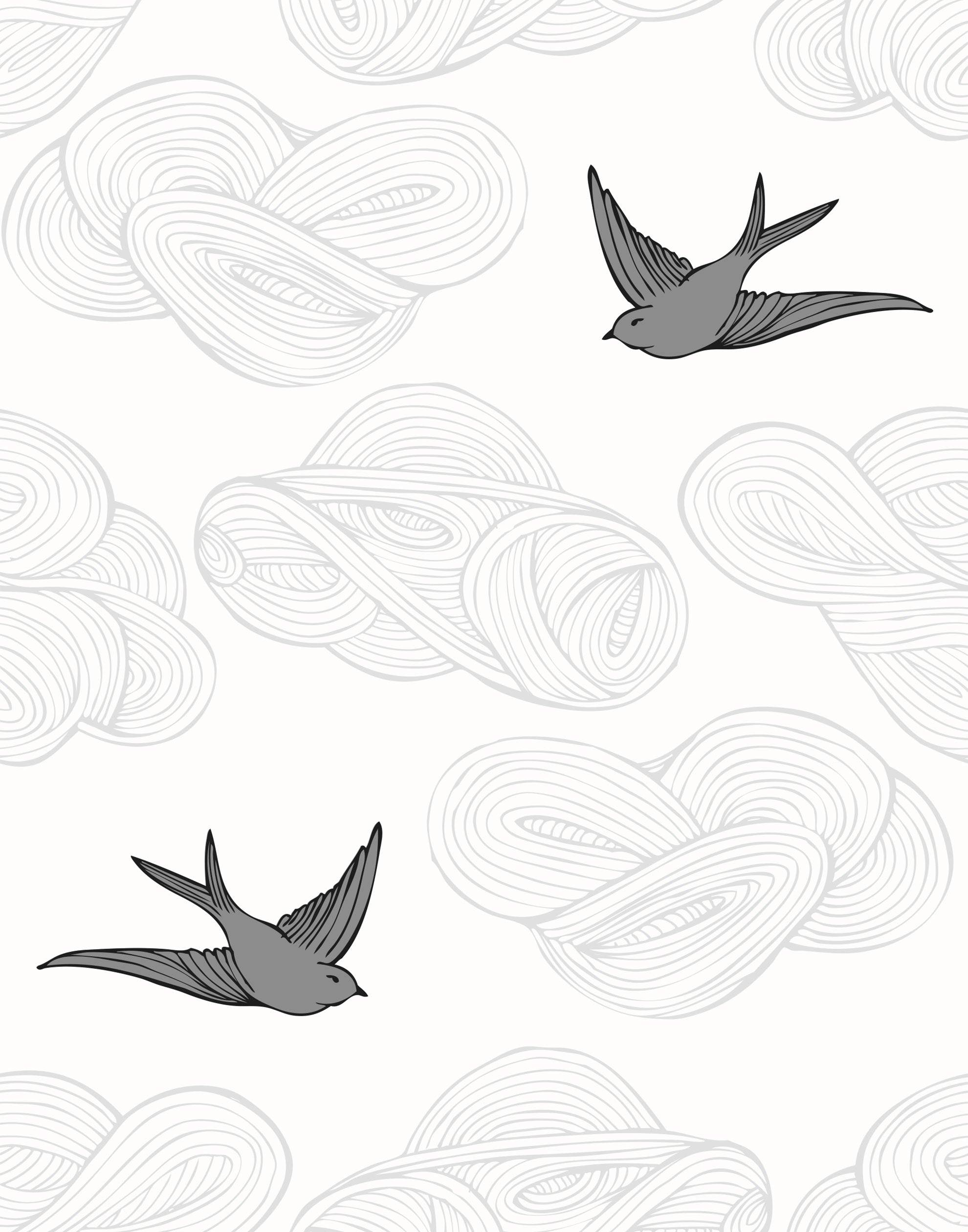 Daydream (Light Gray) features a pattern of flying birds and floating clouds in gray on white