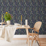 Secret Garden (Amethyst) wallpaper features shades of green, brown, purple, and pink plants, birds and butterflies on dark purple background