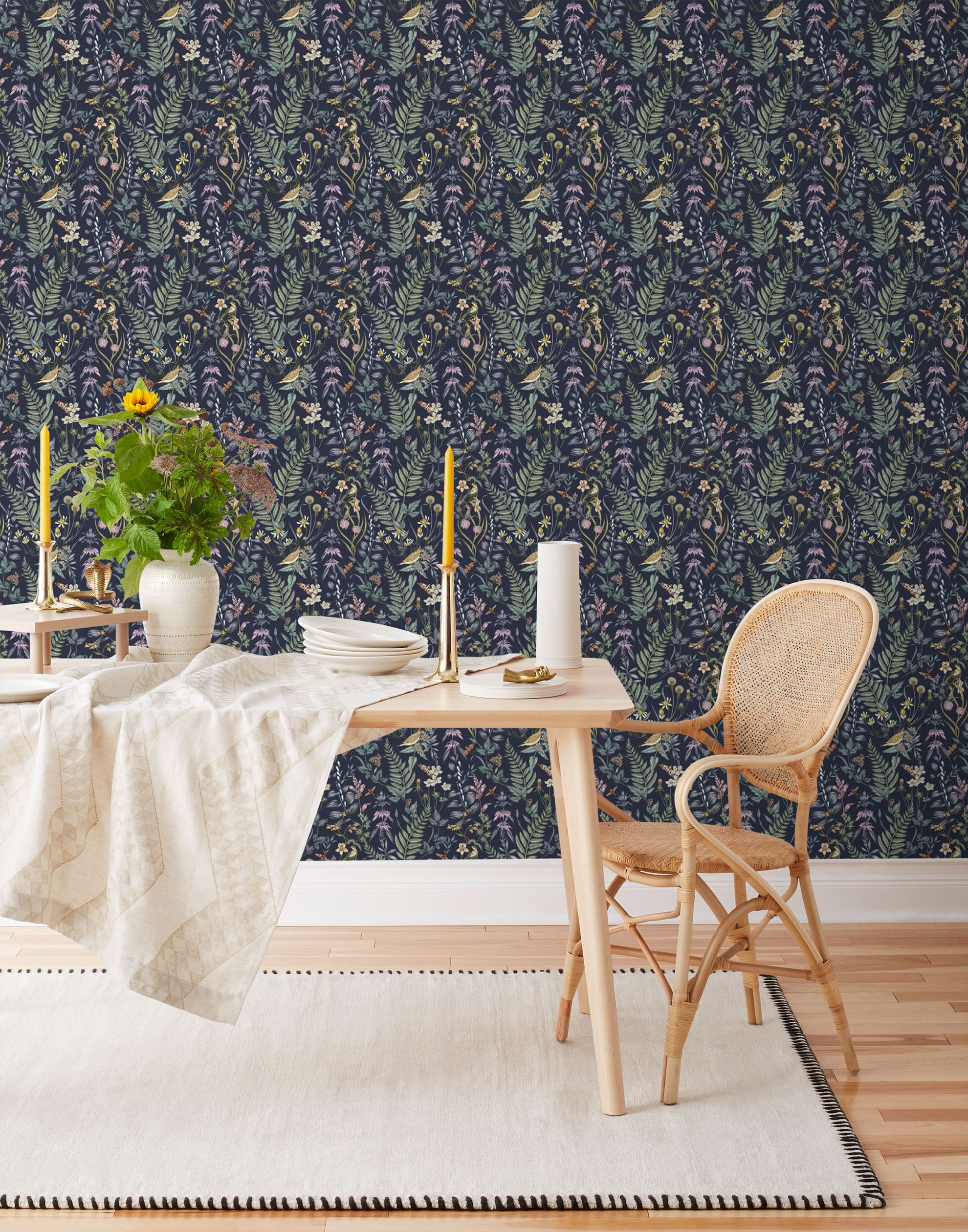 Secret Garden (Amethyst) wallpaper features shades of green, brown, purple, and pink plants, birds and butterflies on dark purple background