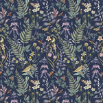 Secret Garden (Amethyst) wallpaper features shades of green, brown, purple, and pink plants, birds and butterflies on dark purple background