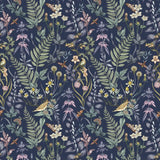 Secret Garden (Amethyst) wallpaper features shades of green, brown, purple, and pink plants, birds and butterflies on dark purple background