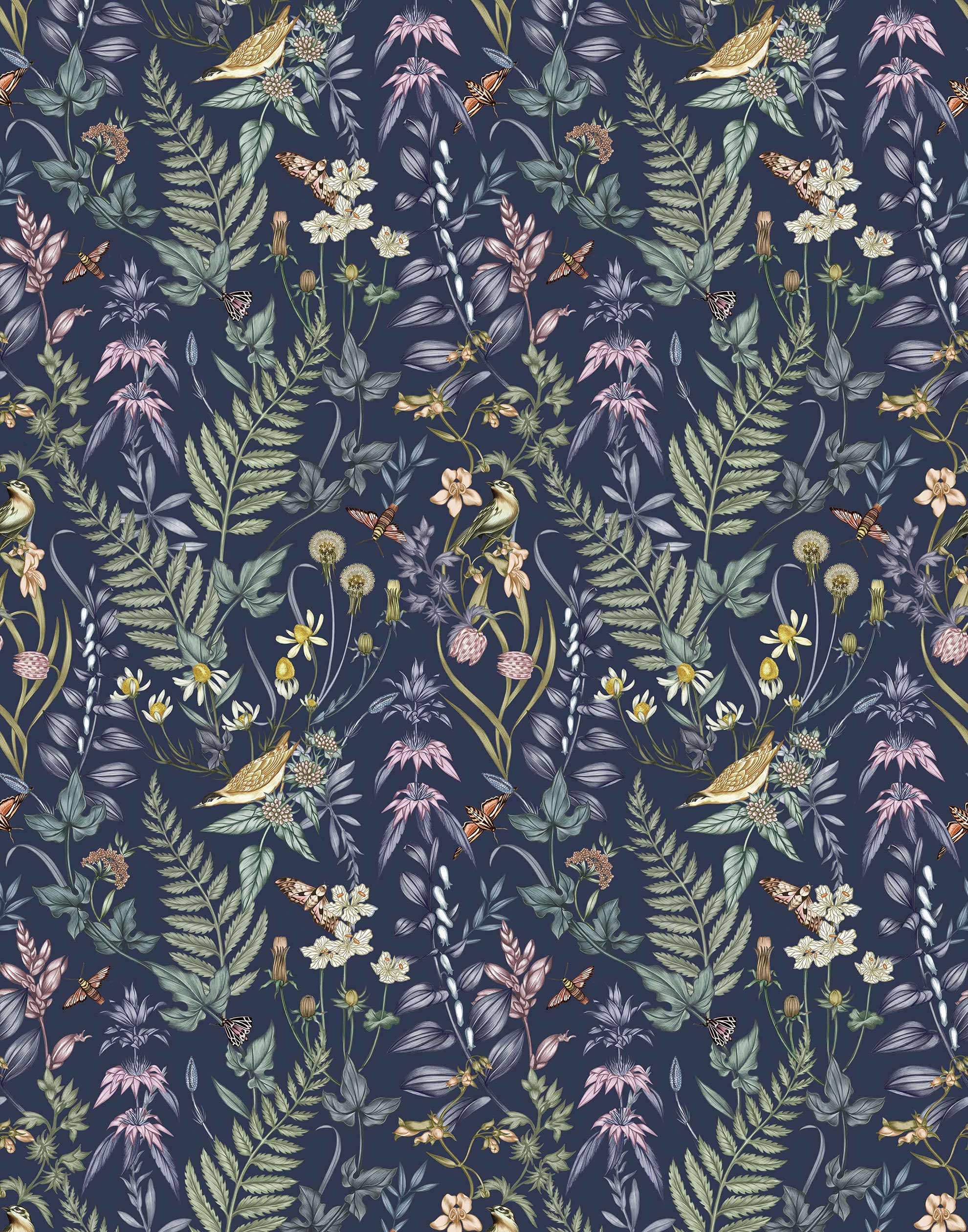 Secret Garden (Amethyst) wallpaper features shades of green, brown, purple, and pink plants, birds and butterflies on dark purple background