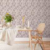 Secret Garden (Blush) wallpaper features shades of mauve, brown and taupe plants, birds and butterflies on blush pink background