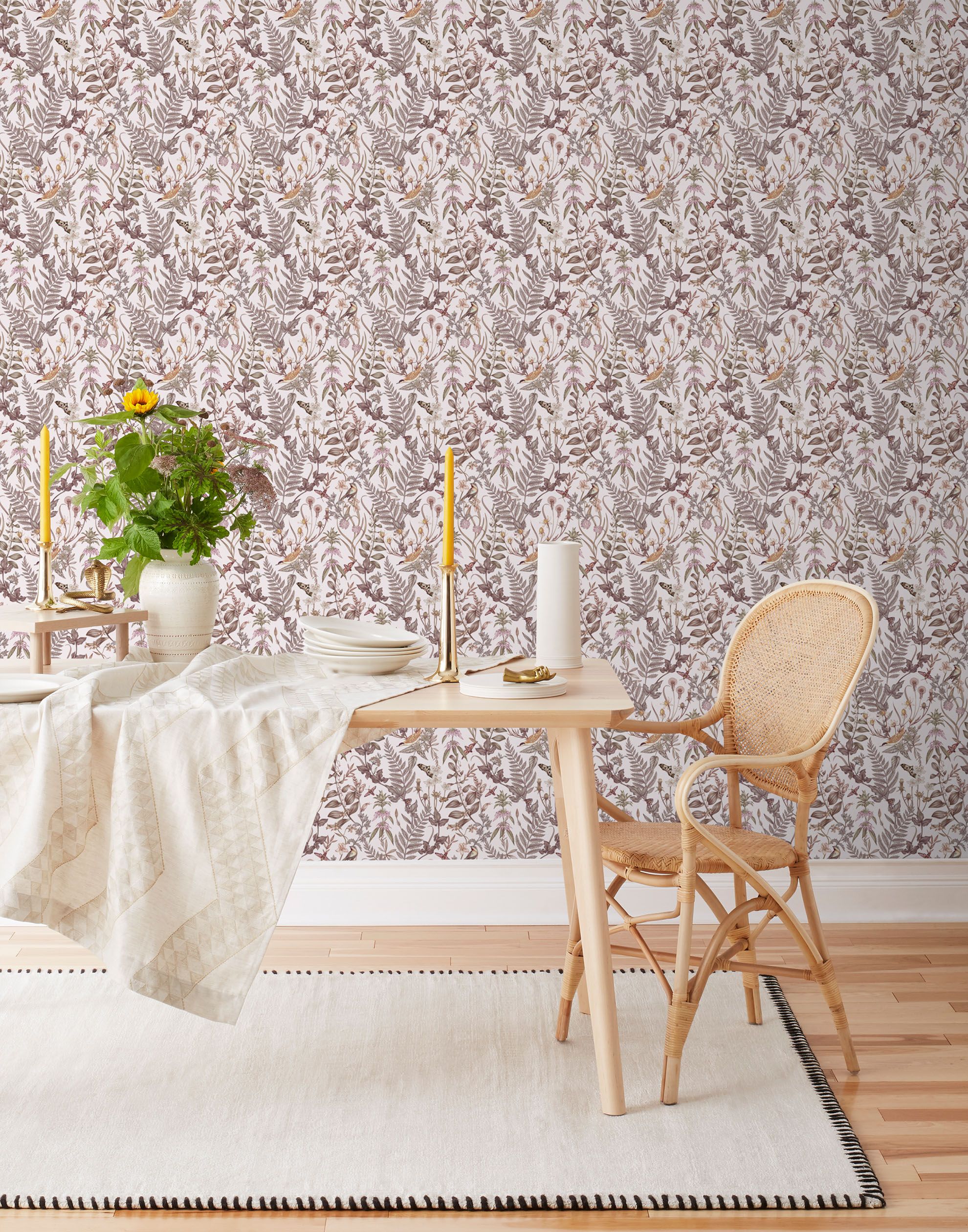 Secret Garden (Blush) wallpaper features shades of mauve, brown and taupe plants, birds and butterflies on blush pink background