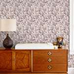 Secret Garden (Blush) wallpaper features shades of mauve, brown and taupe plants, birds and butterflies on blush pink background