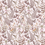 Secret Garden (Blush) wallpaper features shades of mauve, brown and taupe plants, birds and butterflies on blush pink background