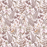 Secret Garden (Blush) wallpaper features shades of mauve, brown and taupe plants, birds and butterflies on blush pink background