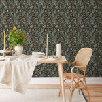 Secret Garden (Sable) wallpaper features shades of green, blue, lilac, and taupe plants, birds and butterflies on brown background