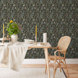 Secret Garden (Sable) wallpaper features shades of green, blue, lilac, and taupe plants, birds and butterflies on brown background