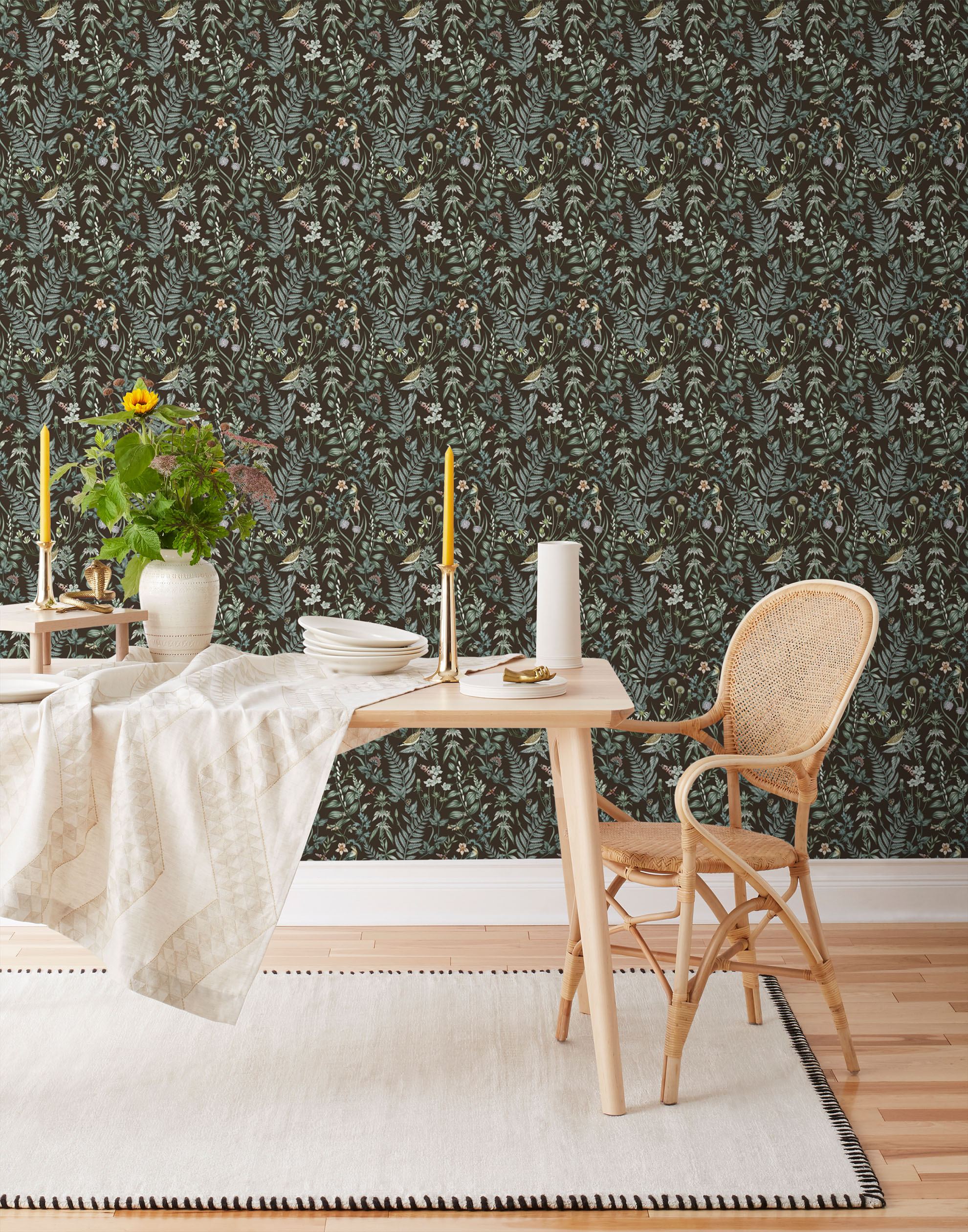 Secret Garden (Sable) wallpaper features shades of green, blue, lilac, and taupe plants, birds and butterflies on brown background