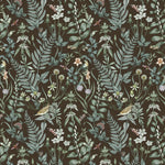 Secret Garden (Sable) wallpaper features shades of green, blue, lilac, and taupe plants, birds and butterflies on brown background