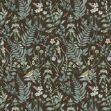 Secret Garden (Sable) wallpaper features shades of green, blue, lilac, and taupe plants, birds and butterflies on brown background