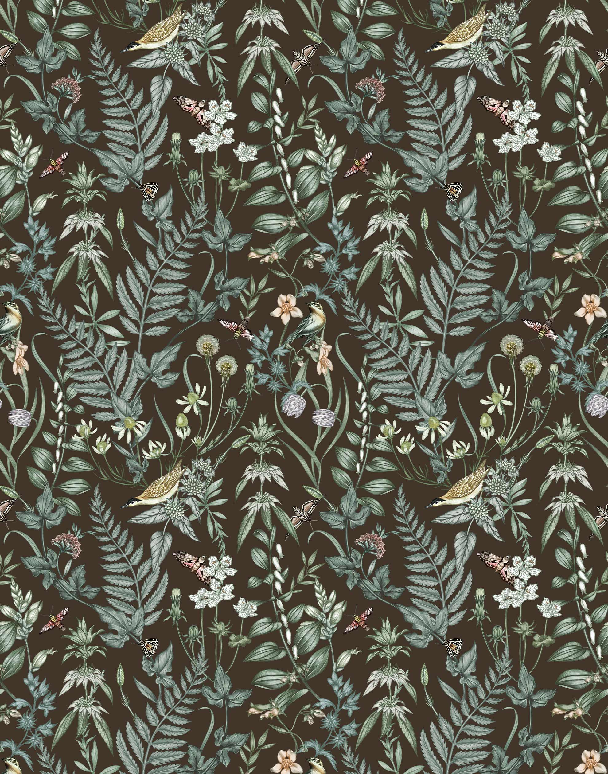 Secret Garden (Sable) wallpaper features shades of green, blue, lilac, and taupe plants, birds and butterflies on brown background