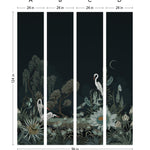 Night Heron (Ebony) Wallpaper Mural designed by Lisel Jane Ashlock features shades of blue and green fauna and flora with a soft black ink sky