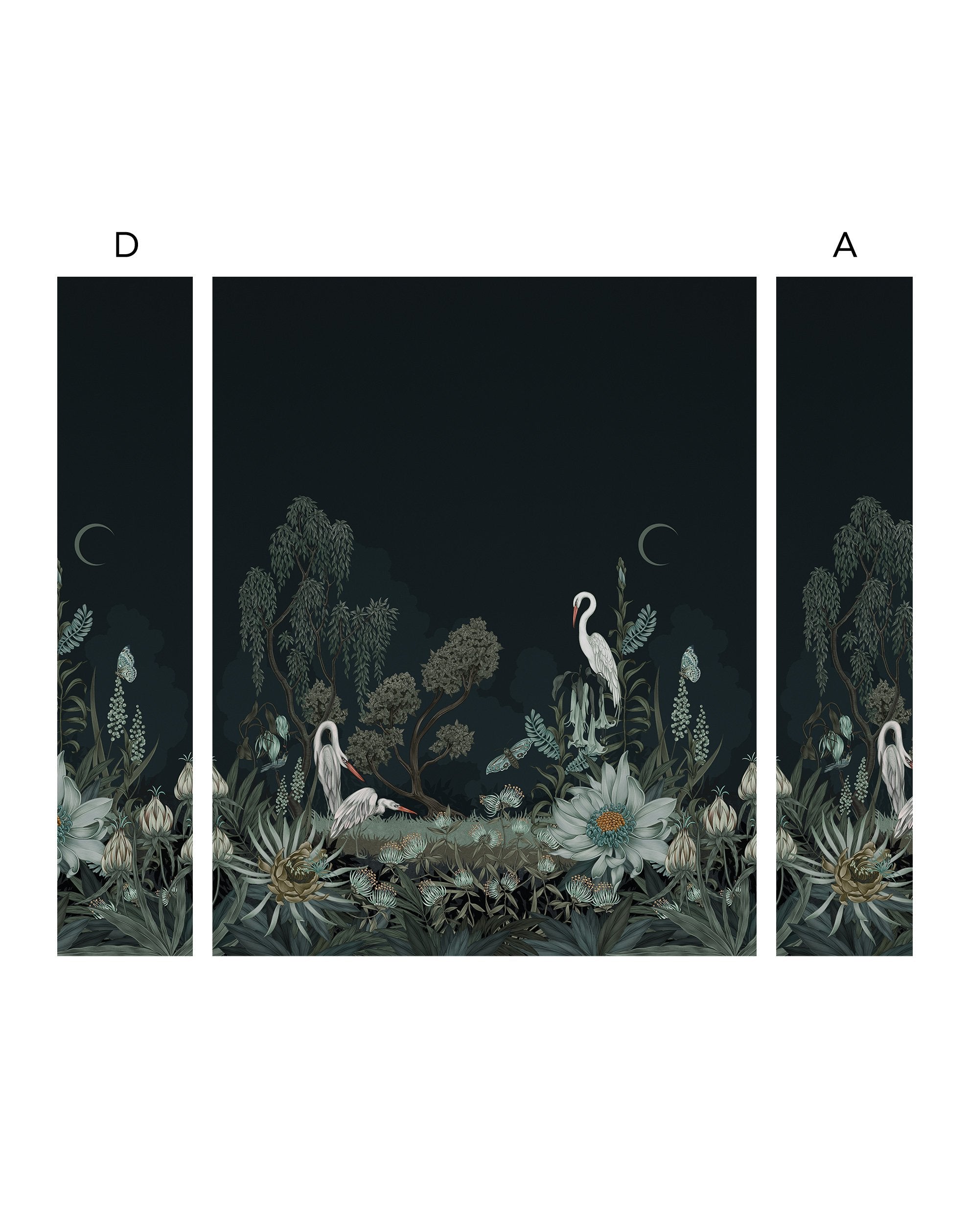 Night Heron (Ebony) Wallpaper Mural designed by Lisel Jane Ashlock features shades of blue and green fauna and flora with a soft black ink sky
