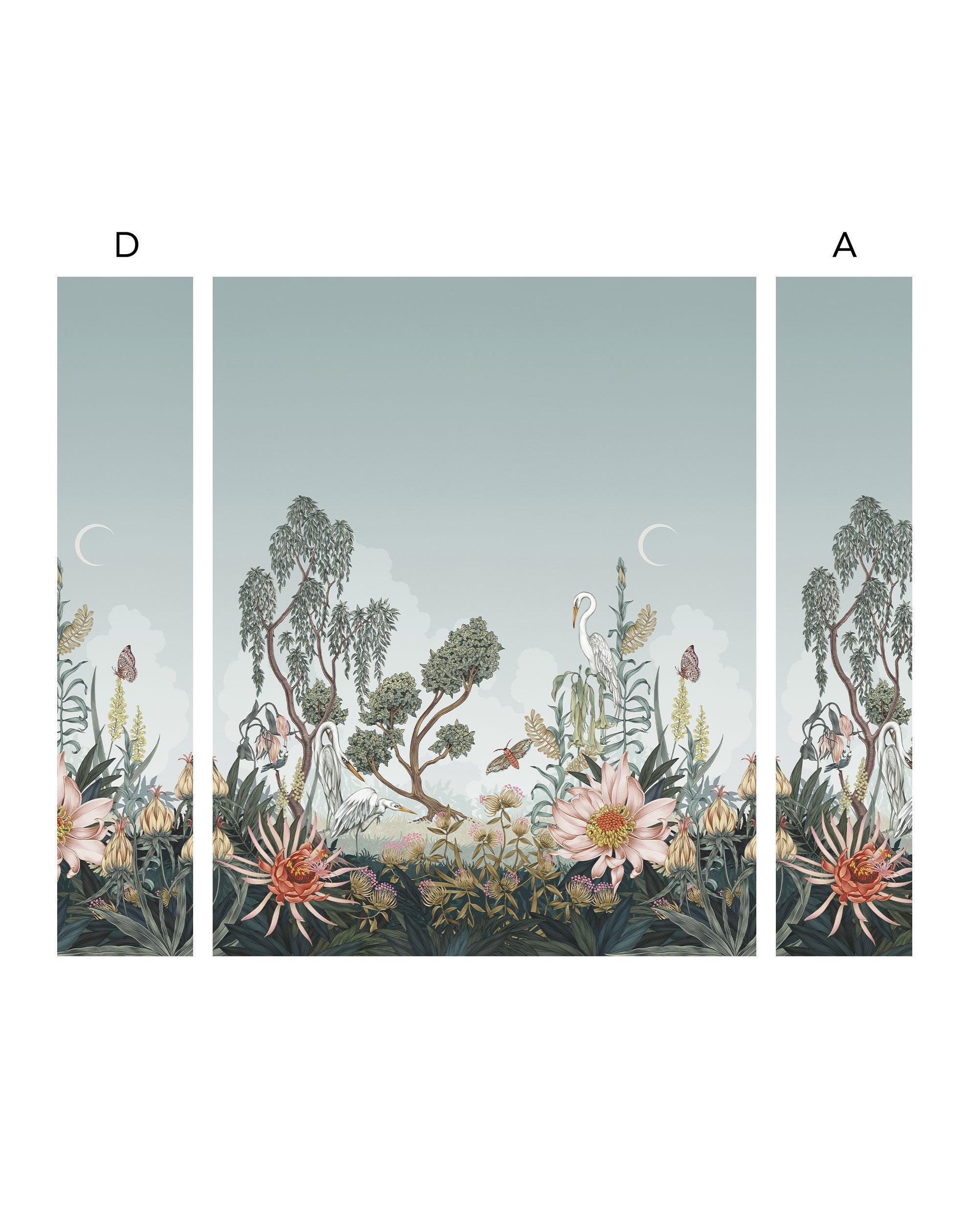 Night Heron (Sage) Wallpaper Mural designed by Lisel Jane Ashlock features shades of green, brown, pink and cream fauna and flora with a sage green sky